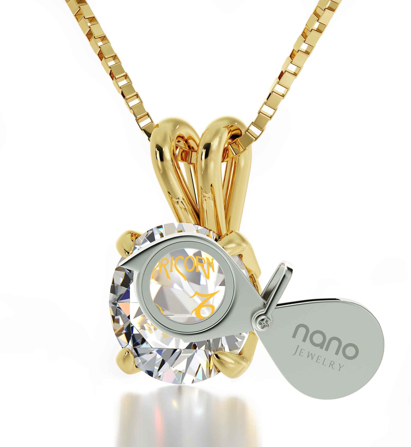 Gold Plated Silver Capricorn Necklace Zodiac Pendant 24k Gold inscribed on Crystal